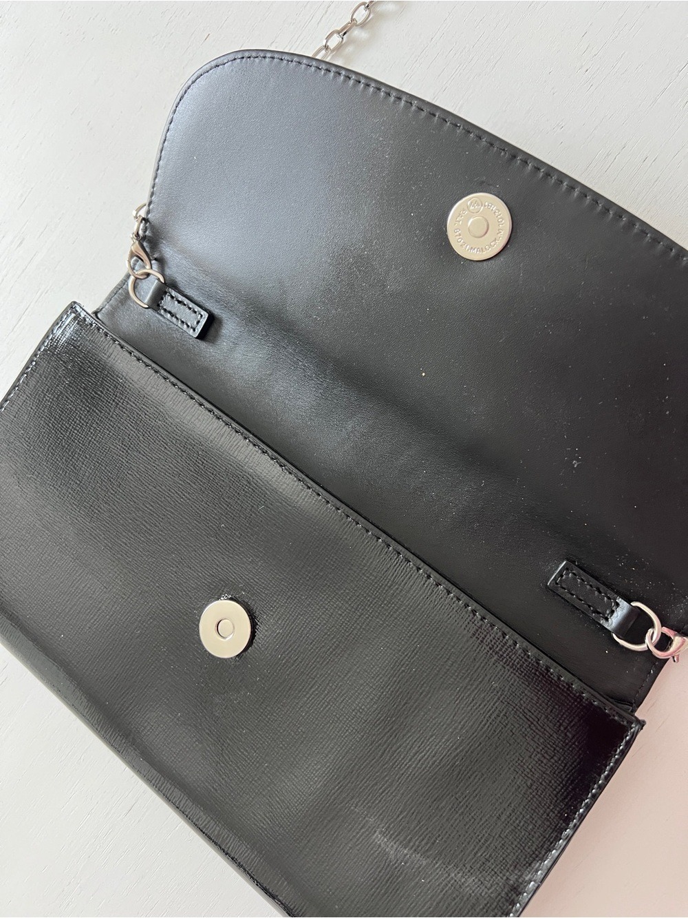 Nordstrom Black Leather Flap Clutch Evening Crossbody Bag Silver Chain - Picture 2 of 8